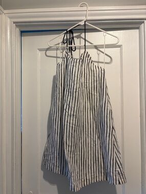 Tory Burch White and Black Striped Backless Halter Dress